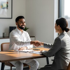 Obraz premium Smiling indian man and businesswoman shake hands in a professional office setting