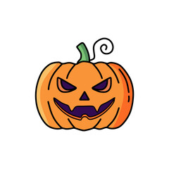 Spooky cartoon Jack-o'-lantern illustration with a scary carved face, perfect for Halloween themes. Vibrant orange pumpkin with a green stem.