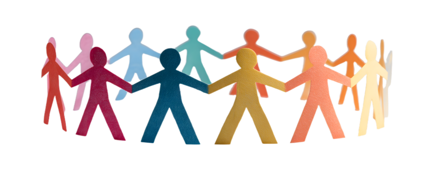 Colorful paper cutout figures holding hands in a circle symbolizing unity, teamwork, and collaboration on a plain background.