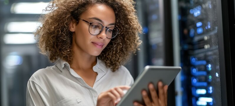 Young female computer engineer configuring server rack using digital tablet in data center with curly hair and glasses focused on work