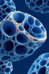 Fractal foam of intricate microcells with photorealistic blue porous texture floating on dark background, showing detailed cellular structure and depth in abstract form