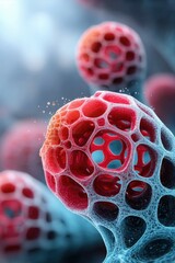 Fractal honeycomb structure with gradient fill in red and blue colors, showing intricate cellular design and depth, evoking futuristic and scientific atmosphere