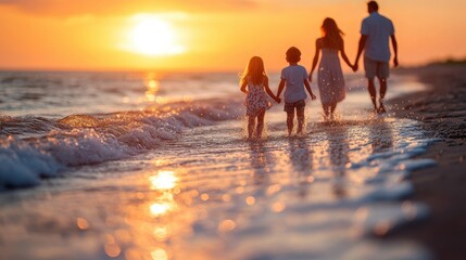 Family walks on beach at sunset
