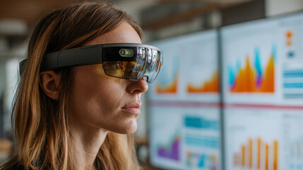 A businesswoman using augmented reality (AR) glasses to visualize 3D data charts in a modern office