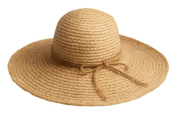 Studio shot of a wide-brimmed woven straw sun hat with a tied ribbon, isolated on a transparent background