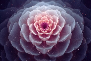 Fractal mandala with layered petals in soft pink and purple hues, glowing gently with delicate, ethereal light, creating mesmerizing and calming visual effect
