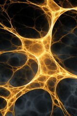 Glowing golden fractal network with sinuous lines creating intricate web pattern on dark background, evoking sense of energy and dynamic flow in photorealistic style