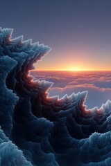Fractal sunrise horizon with layered clouds and sharp jagged formations glowing softly under photorealistic sky, creating surreal and dramatic natural scene