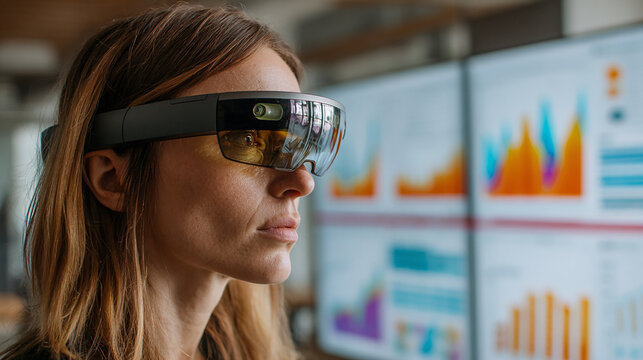 A businesswoman using augmented reality (AR) glasses to visualize 3D data charts in a modern office