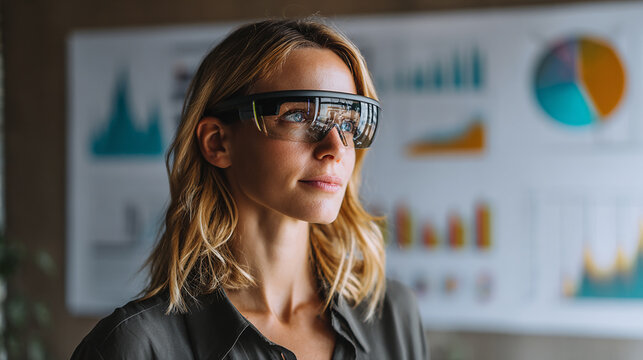 A businesswoman using augmented reality (AR) glasses to visualize 3D data charts in a modern office