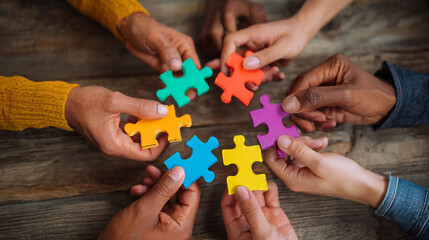 A top-down view of diverse hands connecting colorful puzzle pieces on a wooden table, symbolizing teamwork and unity in a creative work environment