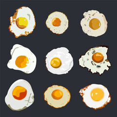 Set fried eggs on grey background, top view. realistic set isolated vector illustration
