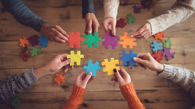 A top-down view of diverse hands connecting colorful puzzle pieces on a wooden table, symbolizing teamwork and unity in a creative work environment