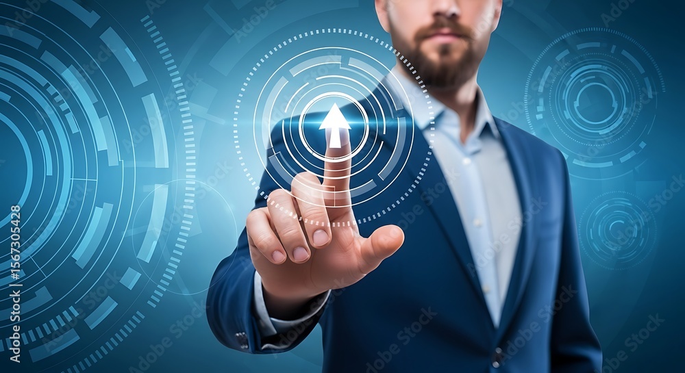 Poster man touching digital interface with upward arrow finger