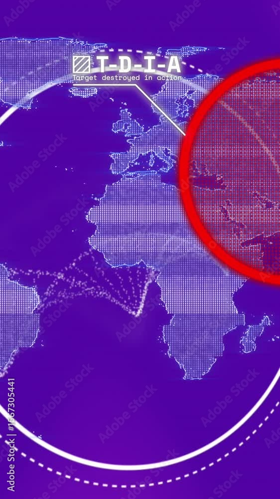 Poster animation of dna strand spinning and data processing with world map on purple background