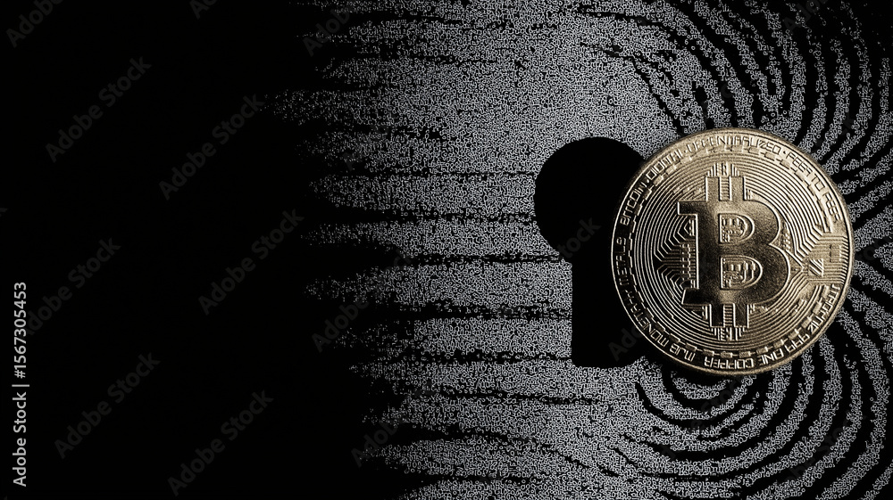 Poster Bitcoin coin placed on fingerprint pattern symbolizes intersection of digital currency and cybersecurity, highlighting data privacy concerns in fintech