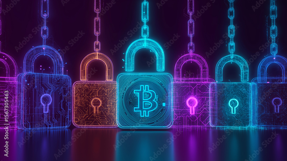Poster Row of colorful digital padlocks with Bitcoin symbol represents cybersecurity and data privacy in fintech world, highlighting importance of secure digital currency transactions
