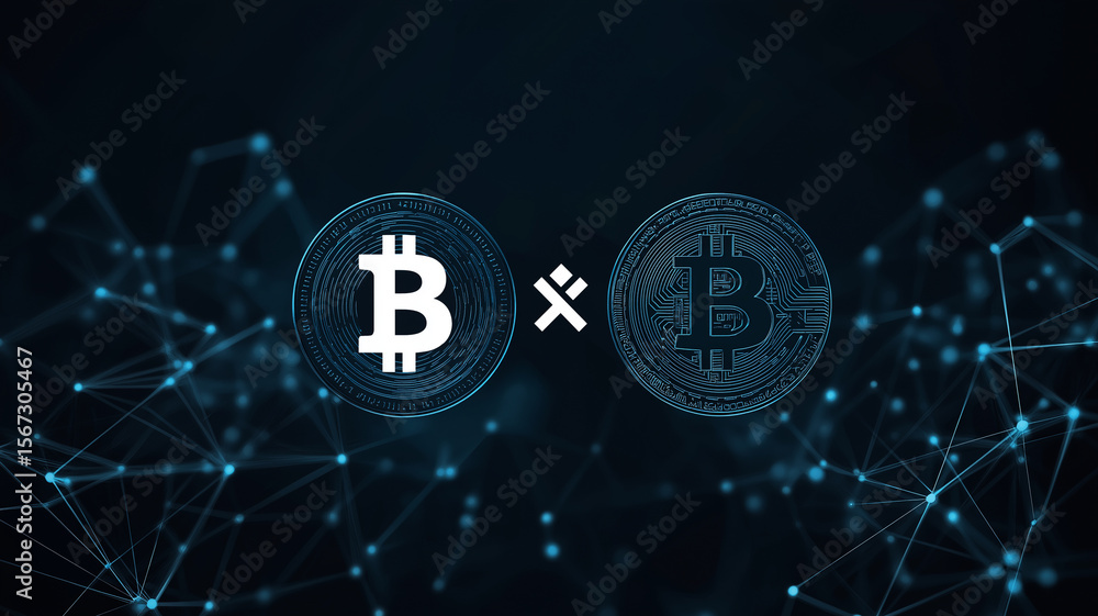 Poster Cryptocurrency symbols on digital network background, representing blockchain technology and digital currency. image conveys sense of innovation and security in fintech space