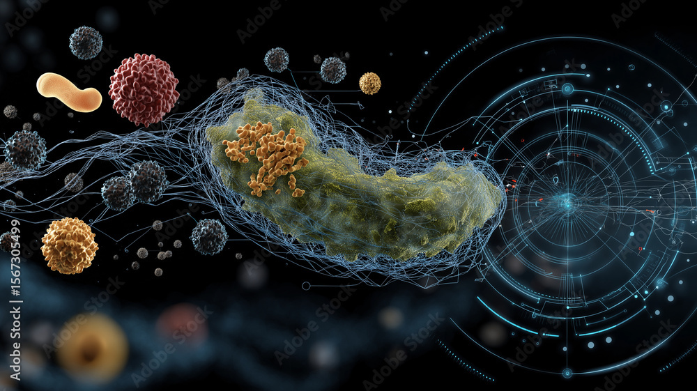 Poster Digital representation of microbiome and gut health, showcasing various microorganisms and data governance frameworks in futuristic style