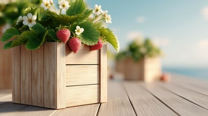 Strawberry plant with ripe red fruit and white flowers growing in wooden planter box on sunlit wooden surface with blurred background and clear sky