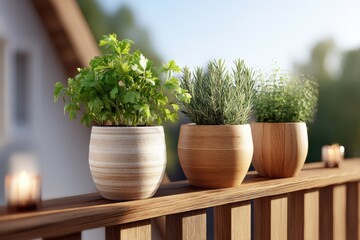 Aromatic herb pots with fresh green plants placed on wooden balcony railing, bathed in warm natural sunlight creating peaceful outdoor atmosphere