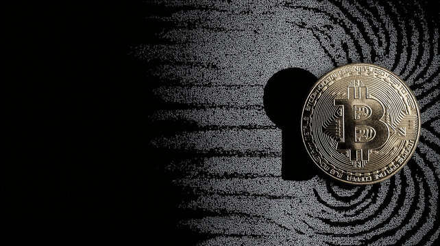 Bitcoin coin placed on fingerprint pattern symbolizes intersection of digital currency and cybersecurity, highlighting data privacy concerns in fintech
