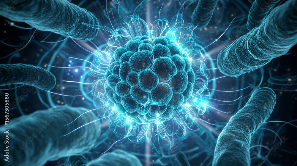 Poster glowing blue microbiome illustration showcases complexity of gut health, with intricate details rese