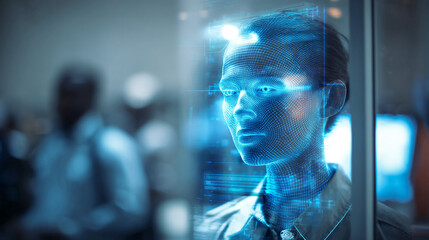 AI facial recognition system scanning a person at an airport security gate with glowing interface