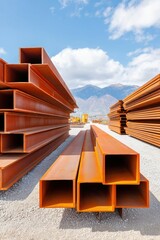 Steel beams and girders stacked outdoors on gravel with mountains and blue sky in background, showing industrial construction materials in bright daylight