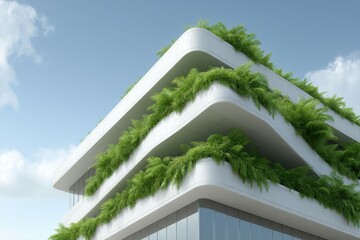 Modern building with wide terraces covered in lush green ferns under clear blue sky, showcasing eco friendly architectural design and natural beauty