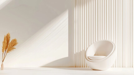 Minimalist modern interior with sleek white furniture, soft lighting, and a subtle nature accent, creating a serene and cozy space with clean lines and a calming atmosphere