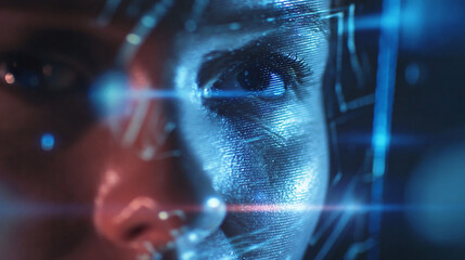 AI facial recognition system scanning a person at an airport security gate with glowing interface