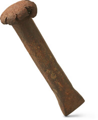close-up of old heavy worn rusted metal chisel isolated white background, hand tool of rough pitted...