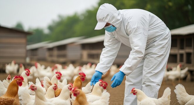 Poultry health worker in protective suit examines flock for diseases in farm setting carefully.