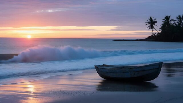 Sunrise serenity wooden boat on tranquil beach