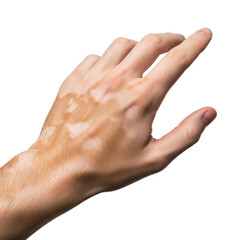 A detailed view of a male hand affected by vitiligo, highlighting the unique skin pigmentation. Useful for medical, health, or diversity related content.