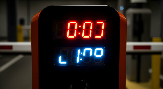 Digital Parking Display Shows Available Spaces And Elapsed Time In Red And Blue - Powered by Adobe