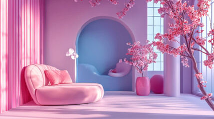 Elegant pastel pink and blue interior with soft lighting, modern curved furniture, and blooming trees, creating a serene, stylish space with clean lines and a peaceful ambiance