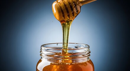 Golden honey dripping from wooden dipper into jar viscous