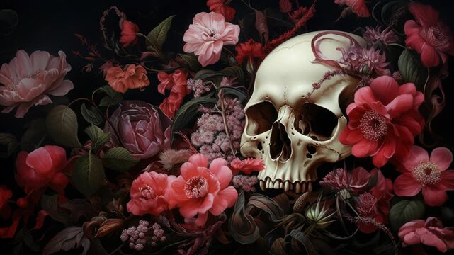 Aerial view of a skull surrounded by vibrant flowers. Dark, moody style creates a dramatic, gothic atmosphere, perfect for a haunting video theme. Live desktop wallpaper.