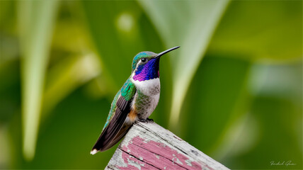 Obraz premium A close-up photograph of a hummingbird perched on a pink-painted wooden beam against a blurred green background.