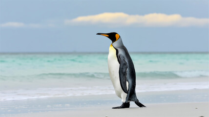 Obraz premium A close-up photograph of a king penguin standing on a white sandy beach.