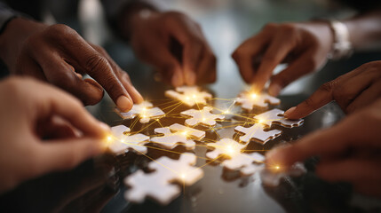 Close-up of multiracial team hands putting together jigsaw puzzle pieces with glowing lines symbolizing communication and innovation