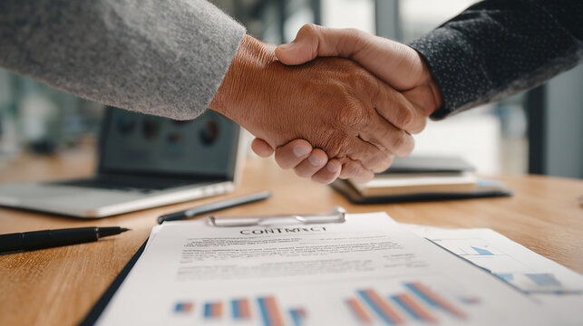 Close-up of hands shaking over financial charts, laptop, and a contract on a desk