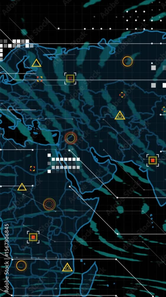 Poster animation of circular pattern over circuit board pattern on map against black background