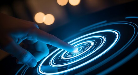 Finger touching glowing blue digital interface hand