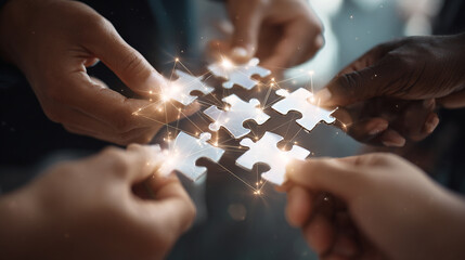 Close-up of multiracial team hands putting together jigsaw puzzle pieces with glowing lines symbolizing communication and innovation