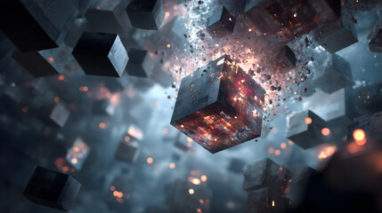Floating cube labyrinth with glowing silver and copper tones