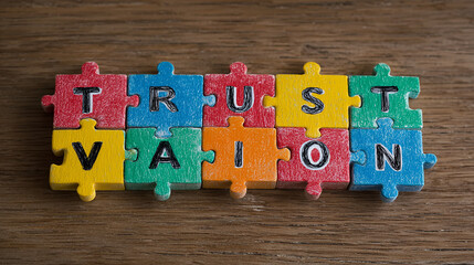 Flat lay of multicolor puzzle pieces on desk with keywords like 'trust', 'team', 'goals', and 'vision' written on each piece