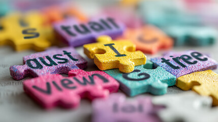 Flat lay of multicolor puzzle pieces on desk with keywords like 'trust', 'team', 'goals', and 'vision' written on each piece
